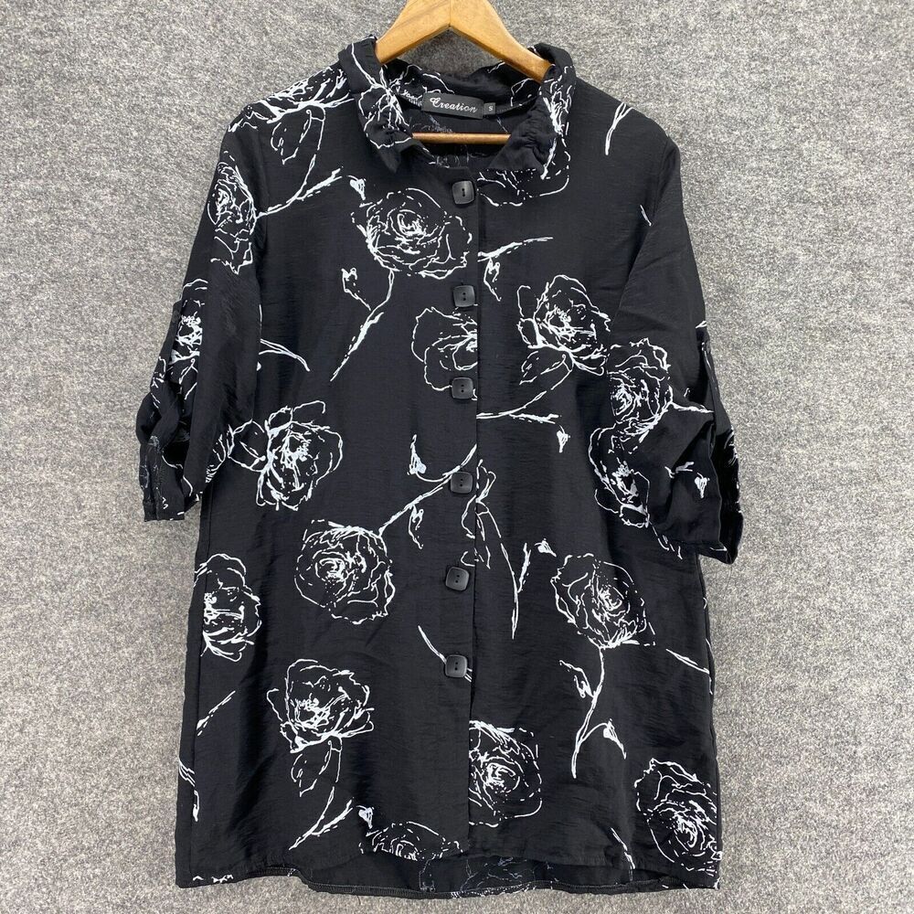 Creation Shirt Women S Small Black Floral Button Up Collared 3/4 Sleeve Cotton